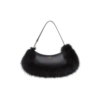 FENDI O'Lock Swing Cow Leather Patchwork With Fox Fur Handheld Shoulder Bag Women's Black