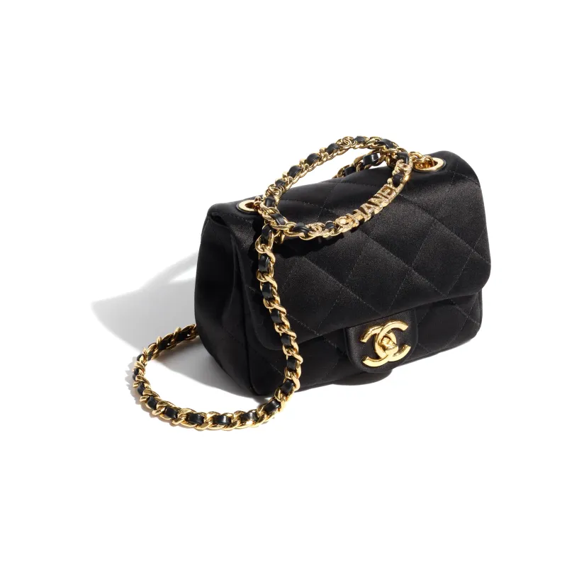 CHANEL Silk Satin Rhinestone Flap Bag, Crossbody Bag, Shoulder Bag Mini Women's Black-1