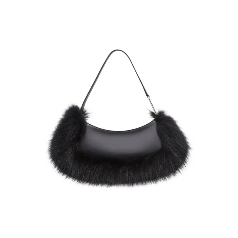 FENDI O'Lock Swing Cow Leather Patchwork With Fox Fur Handheld Shoulder Bag Women's Black-2