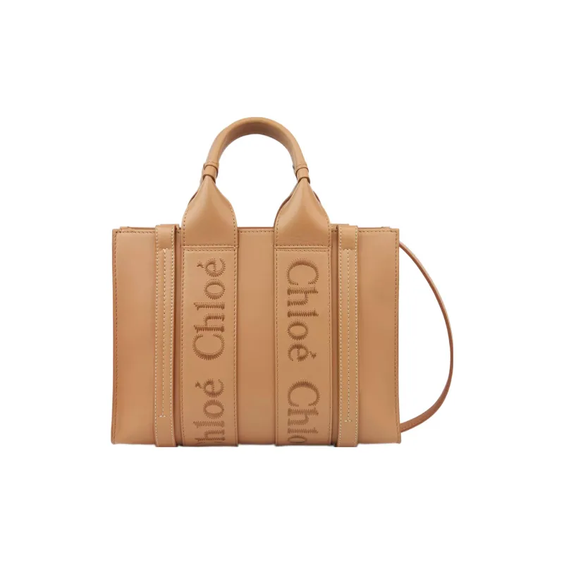 Chloe Woody Smooth Calf Leather Tote Bag Shopping Bag Shoulder Bag Crossbody Bag Handbag Small Size Women's Light Brown-0