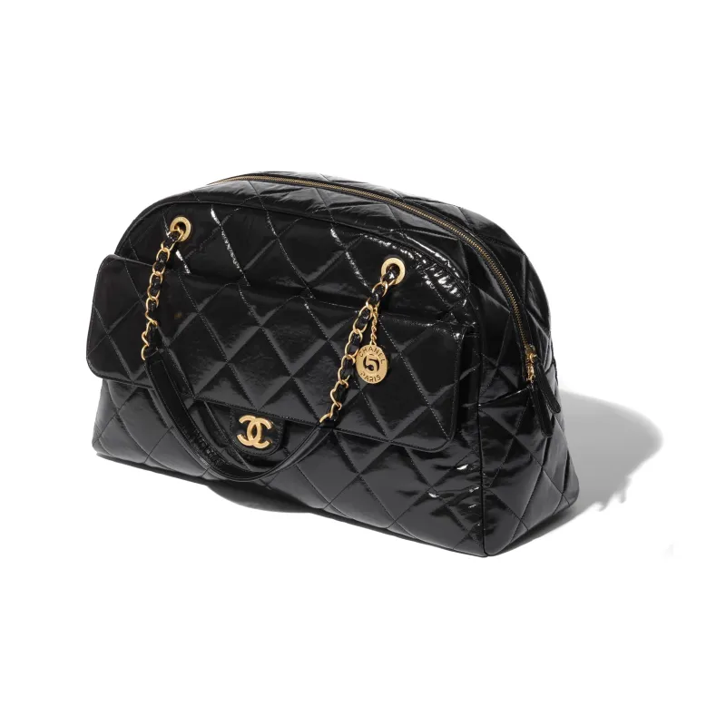 CHANEL Bright Color Wrinkle Calfskin With Gold Metal Bowling Bag, Shoulder Bag, Handbag Extra Large Women's Black-1