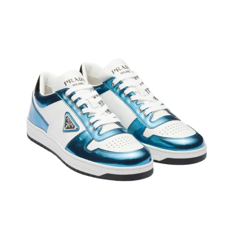 PRADA Downtown Low Top Sneakers Leather White Metallic Blue-2