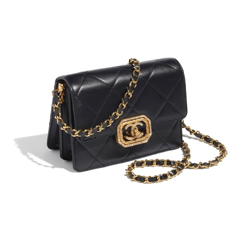 CHANEL Calfskin With Rhinestone Flap Bag, Crossbody Bag, Shoulder Bag Women's Black-1