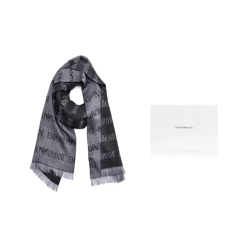EMPORIO ARMANI Virgin wool Blend Scarf With Jacquard Logo Lettering And Fringes-5