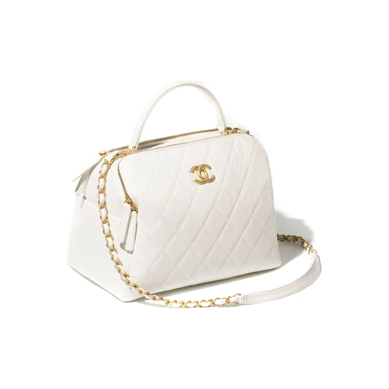 CHANEL Vintage Calfskin Bowling Bag, Doctor Bag, Shoulder Bag, Crossbody Bag, Handbag Women's White-1