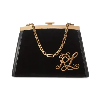 Polo Ralph Lauren Velvet Fabric With Leather Trim Evening Party Bag One Shoulder Handbag Women's Black