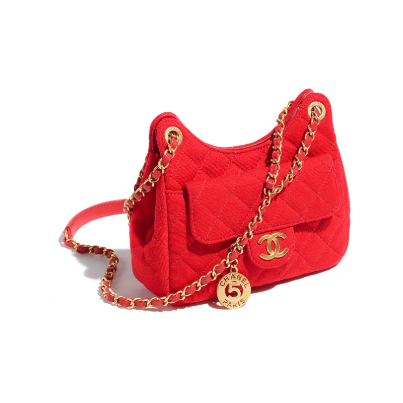 CHANEL Wool Jersey Knitted Fabric With Gold Metal Hobo Bag, Shoulder Bag, Crossbody Bag Trumpets Women's Red-1