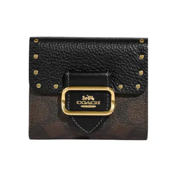 COACH Coated Canvas With Leather Card Holder Wallet Small Size Women's Brown & Black