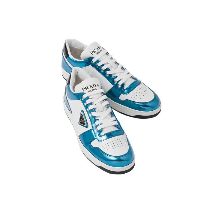 PRADA Downtown Low Top Sneakers Leather White Metallic Blue-3