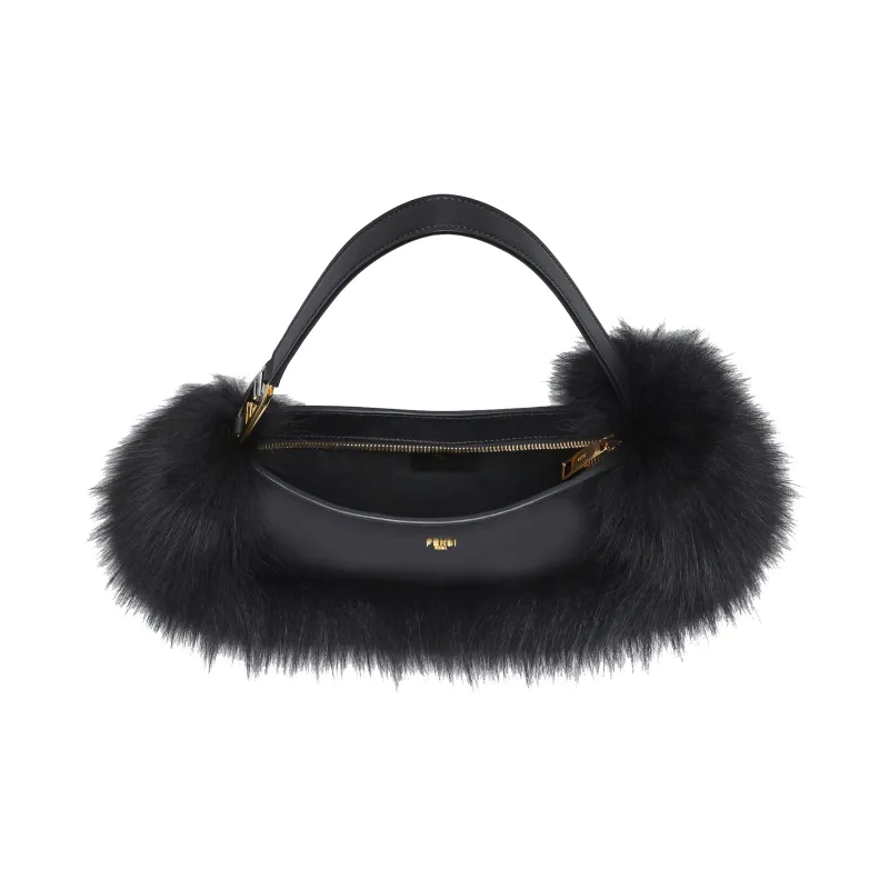FENDI O'Lock Swing Cow Leather Patchwork With Fox Fur Handheld Shoulder Bag Women's Black-3