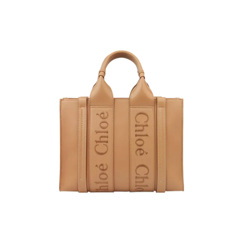 Chloe Woody Smooth Calf Leather Tote Bag Shopping Bag Shoulder Bag Crossbody Bag Handbag Small Size Women's Light Brown-2