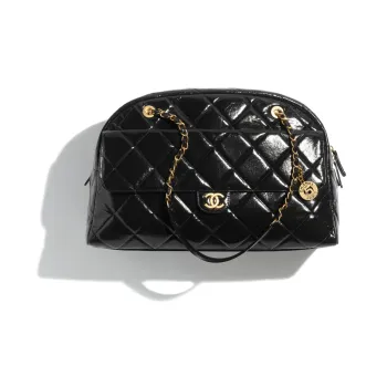 CHANEL Bright Wrinkled Calfskin With Gold Metal Bowling Bag Shoulder Bag Handbag Extra Large Women's Black