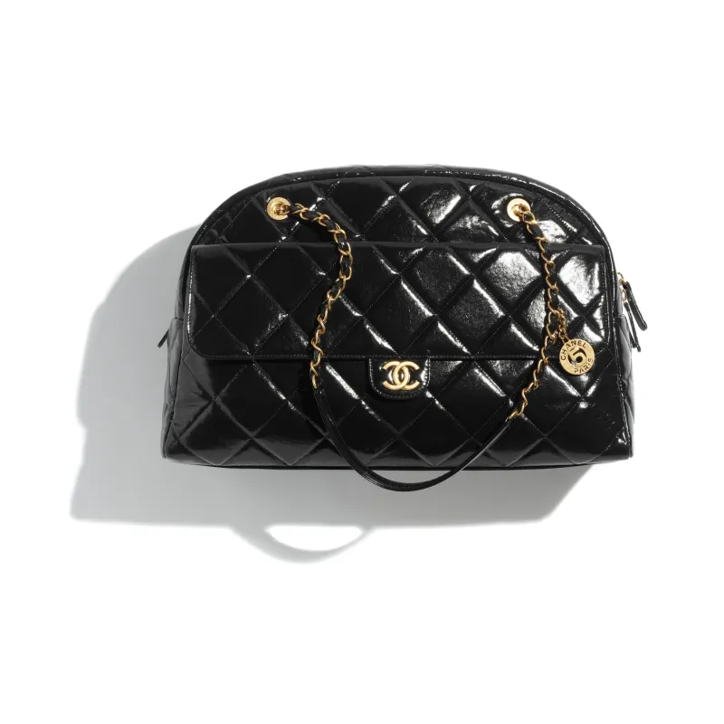 CHANEL Bright Color Wrinkle Calfskin With Gold Metal Bowling Bag, Shoulder Bag, Handbag Extra Large Women's Black-0