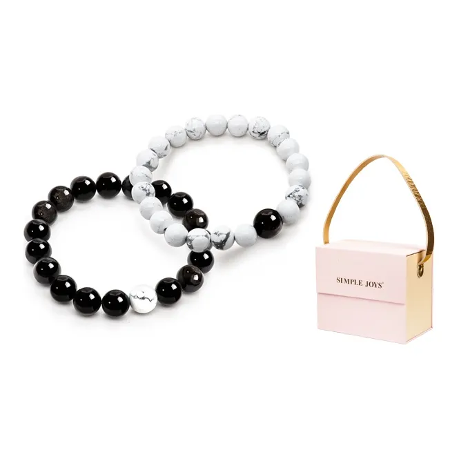 SIMPLE JOYS Silver Sheen Obsidian White Turquoise Couple Beaded Bracelet Unisex 1 Pair, Stretch-23