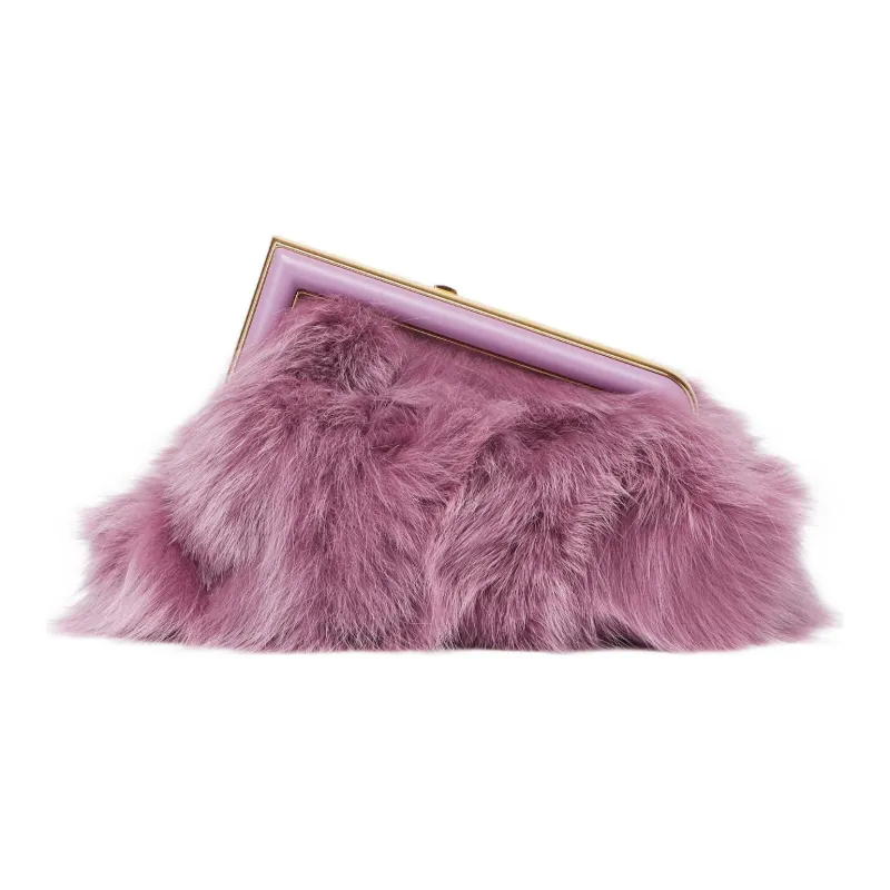 FENDI Fendi First Fox Fur With Sheepskin One Shoulder Crossbody Clutches Small Size Women's Light Purple-1