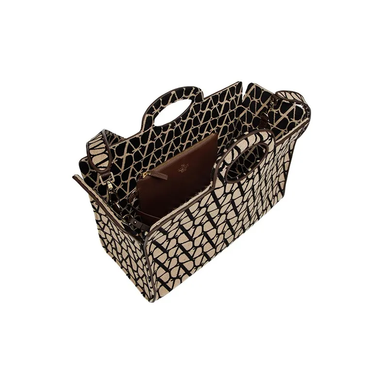 Valentino Fabric Tote Bag, Shopping Bag, Handbag Tubas Women's Beige & Black-4