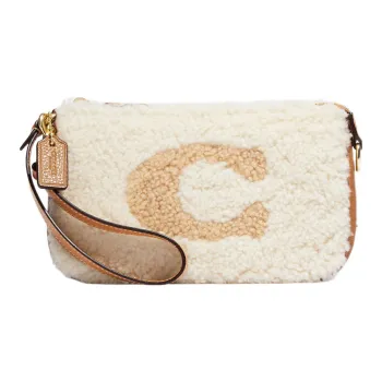 COACH Nolita Shearling Cow Leather Patchwork Wrist Bags Clutches Small Size Women's White & Brown
