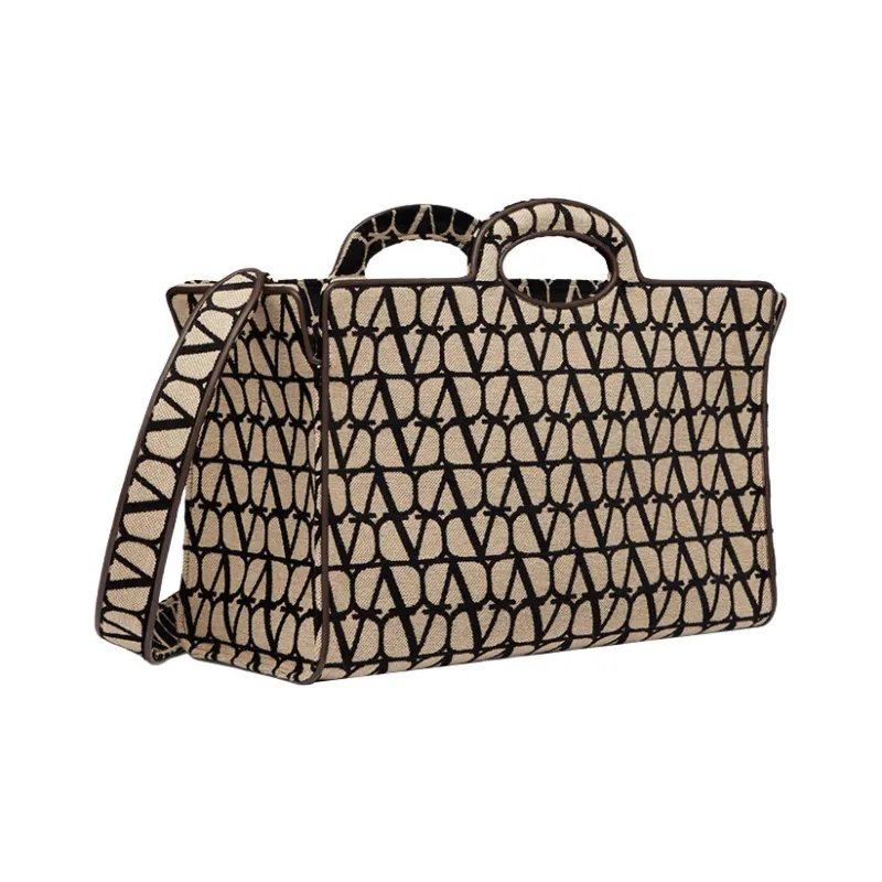 Valentino Fabric Tote Bag, Shopping Bag, Handbag Tubas Women's Beige & Black-1