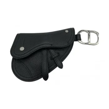 DIOR Saddle Grained Touch Calfskin Saddle Bag Coin Purse Key Pouch Unisex Black