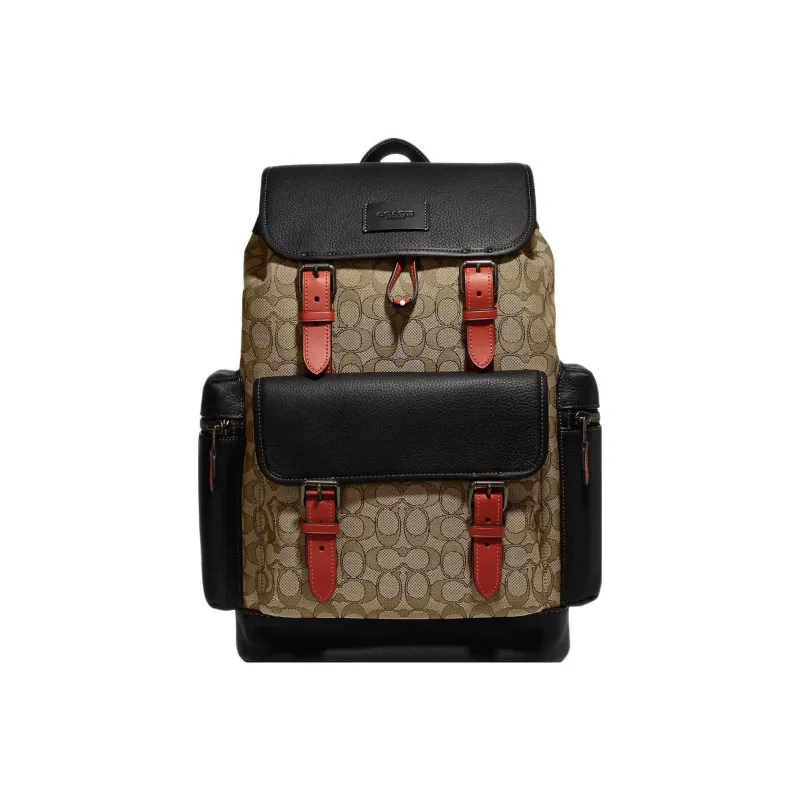 COACH Sprint Jacquard Leather With Calfskin Backpack Tubas Men's Khaki & Black-0