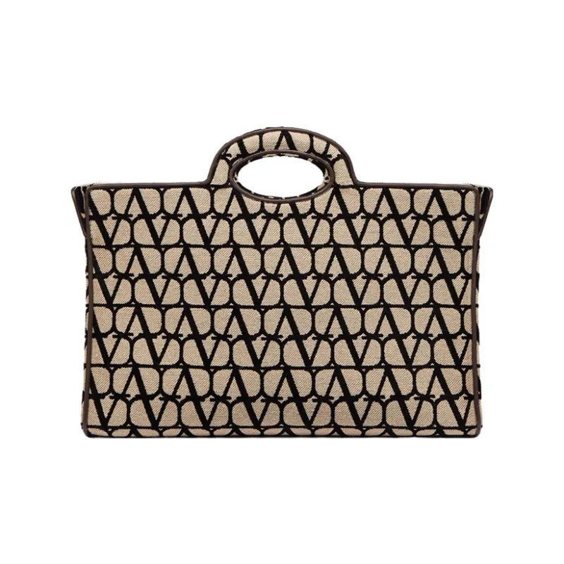 Valentino Fabric Tote Bag, Shopping Bag, Handbag Tubas Women's Beige & Black-3