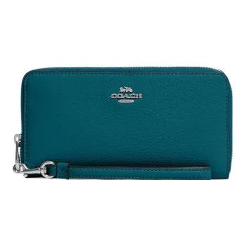 COACH Zip Around Pebbled Leather Card Holder Handheld Wallet Women's Deep Turquoise