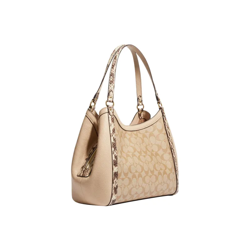 COACH Kristy Canvas With Leather One Shoulder Handbag Large Size Women's Khaki/Ivory-1