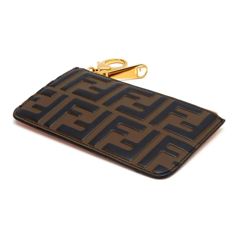 FENDI Calfskin Coin Purses Card Holders Women's Brown/Pink-4