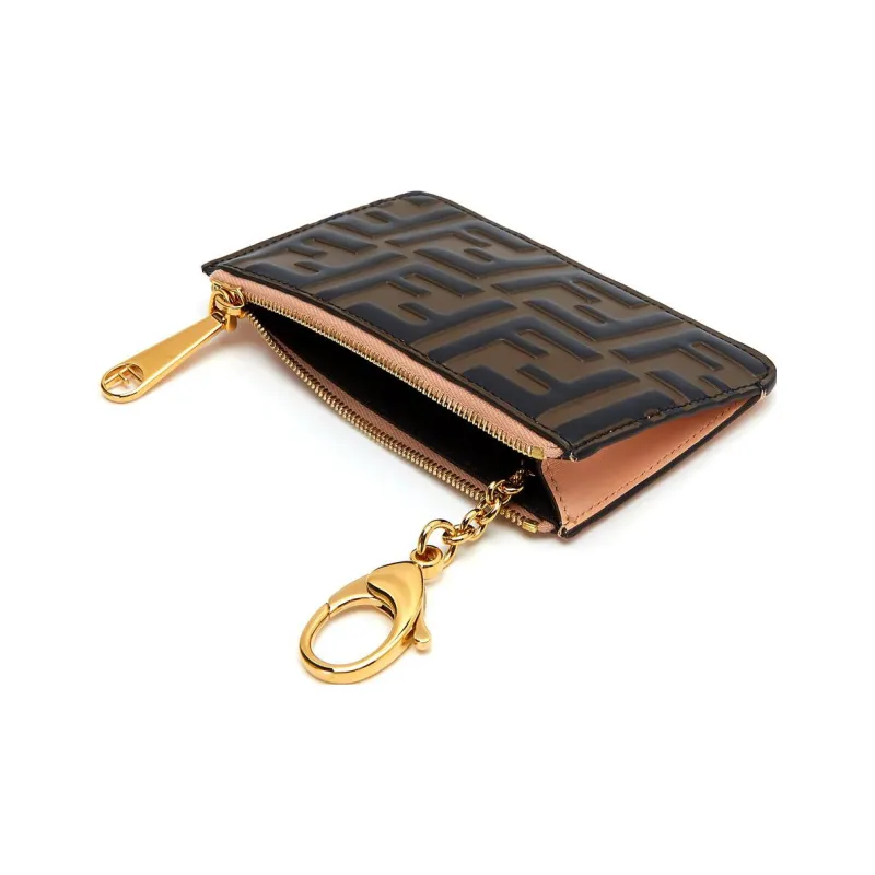 FENDI Calfskin Coin Purses Card Holders Women's Brown/Pink-3