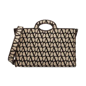Valentino Fabric Tote Bag, Shopping Bag, Handbag Large Size Women's Beige & Black