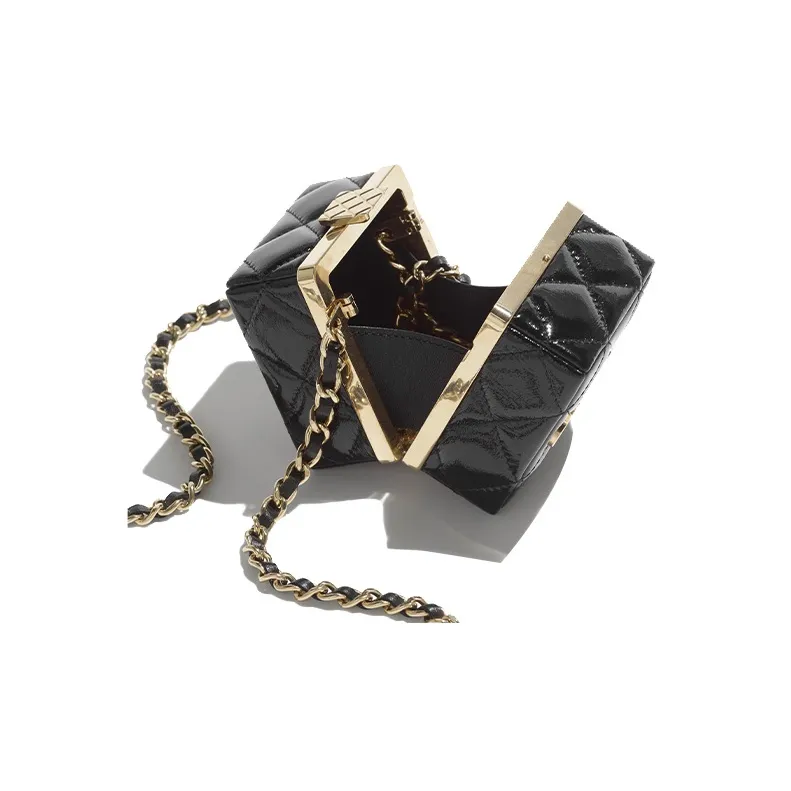 CHANEL Lambskin Patent Leather One Shoulder Crossbody Clutch Women's Black-2