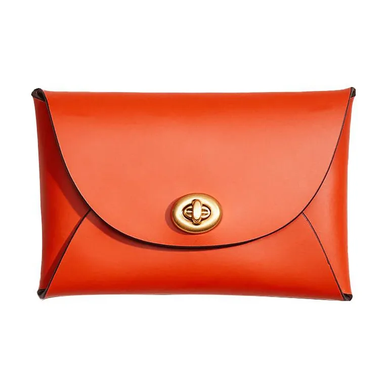 COACH Pouch Pebbled Leather Clutch Coin Purse Medium Size Women's Orange Red-0