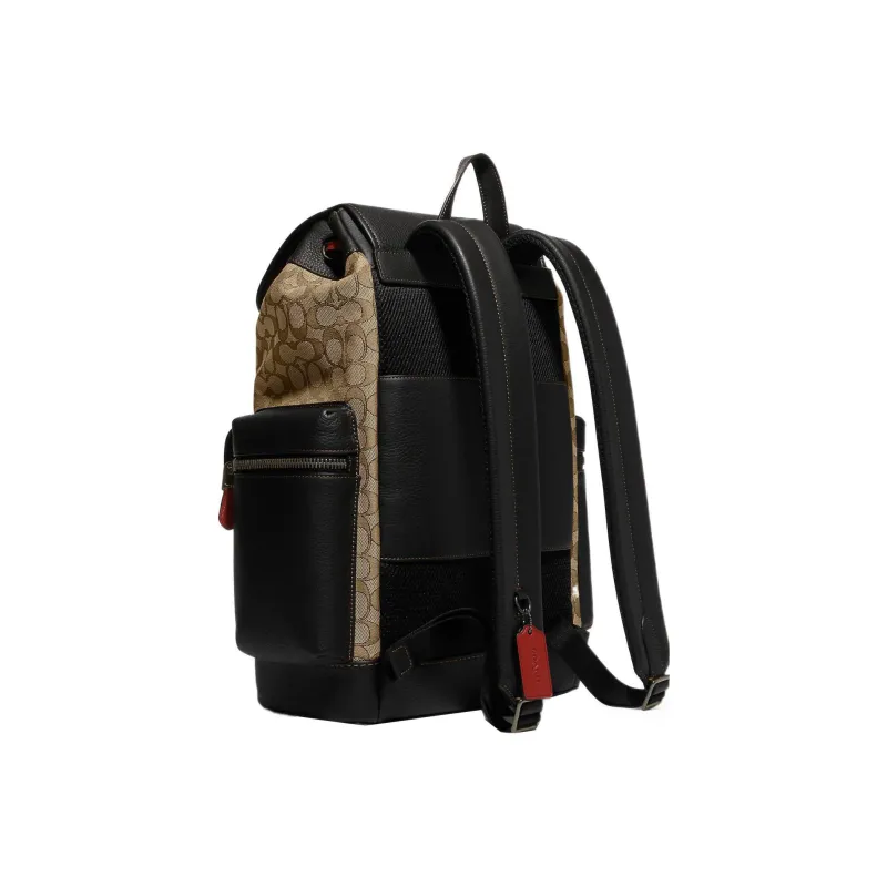 COACH Sprint Jacquard Leather With Calfskin Backpack Tubas Men's Khaki & Black-1