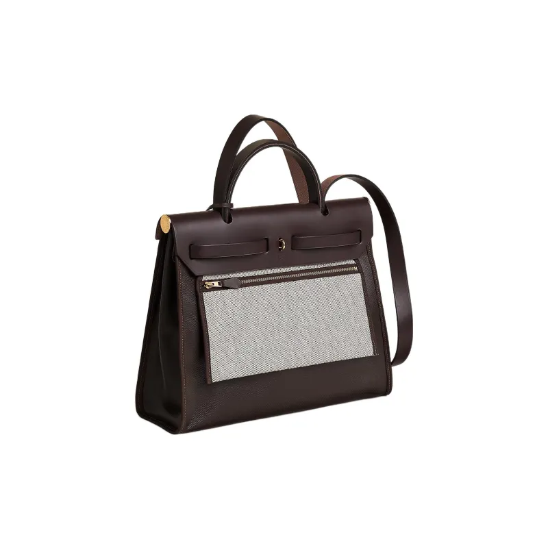HERMES Herbag Zip Berline Canvas With Hunter Cow Leather Shoulder Bag Crossbody Bag Handbag Unisex Ebony-2