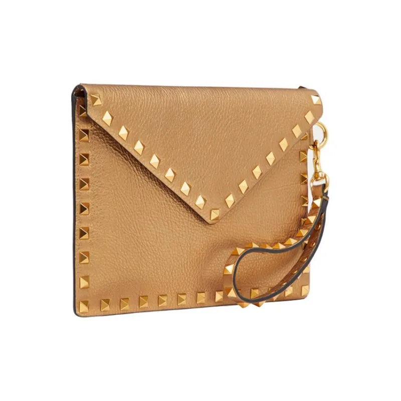 Valentino Rockstud Calfskin Wrist Bags Clutches Women's Gold-2