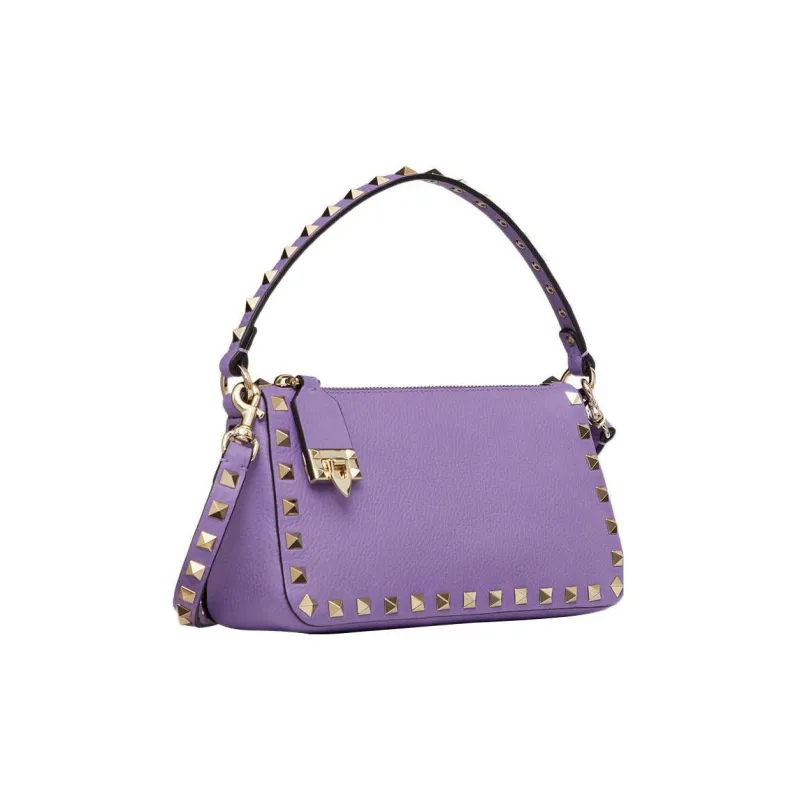 Valentino Rockstud Grained Calfskin Baguette Bag Shoulder Bags Handbags Small Size Women's Purple-2