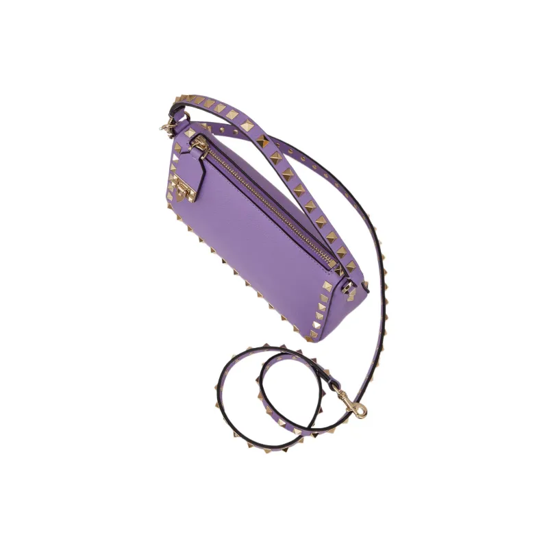 Valentino Rockstud Grained Calfskin Baguette Bag Shoulder Bags Handbags Small Size Women's Purple-4