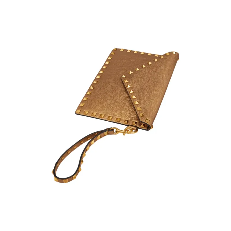 Valentino Rockstud Calfskin Wrist Bags Clutches Women's Gold-4