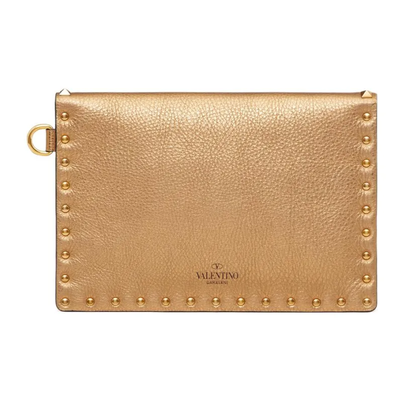 Valentino Rockstud Calfskin Wrist Bags Clutches Women's Gold-1