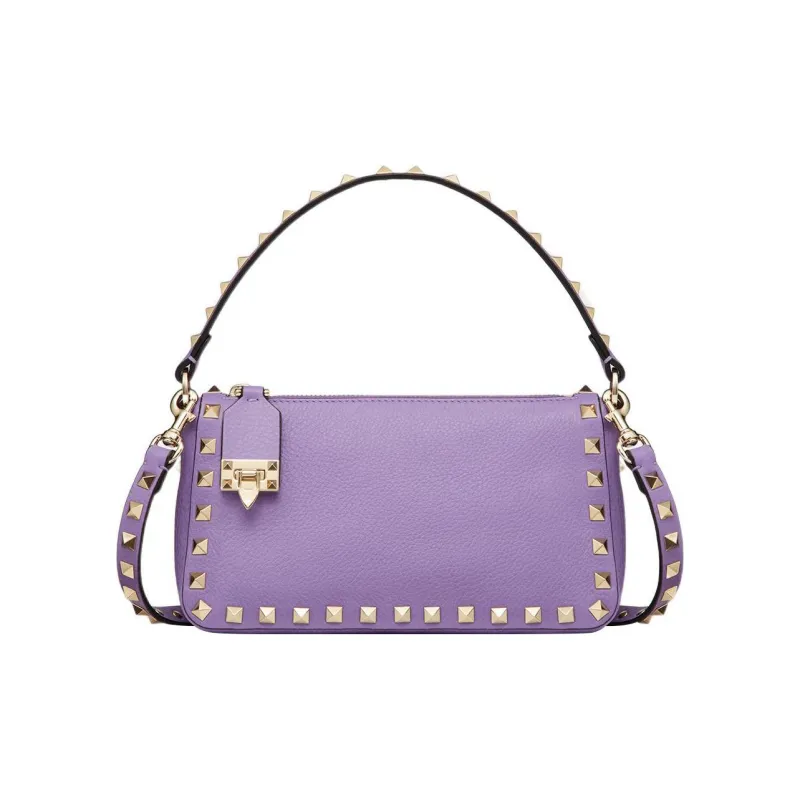Valentino Rockstud Grained Calfskin Baguette Bag Shoulder Bags Handbags Small Size Women's Purple-0