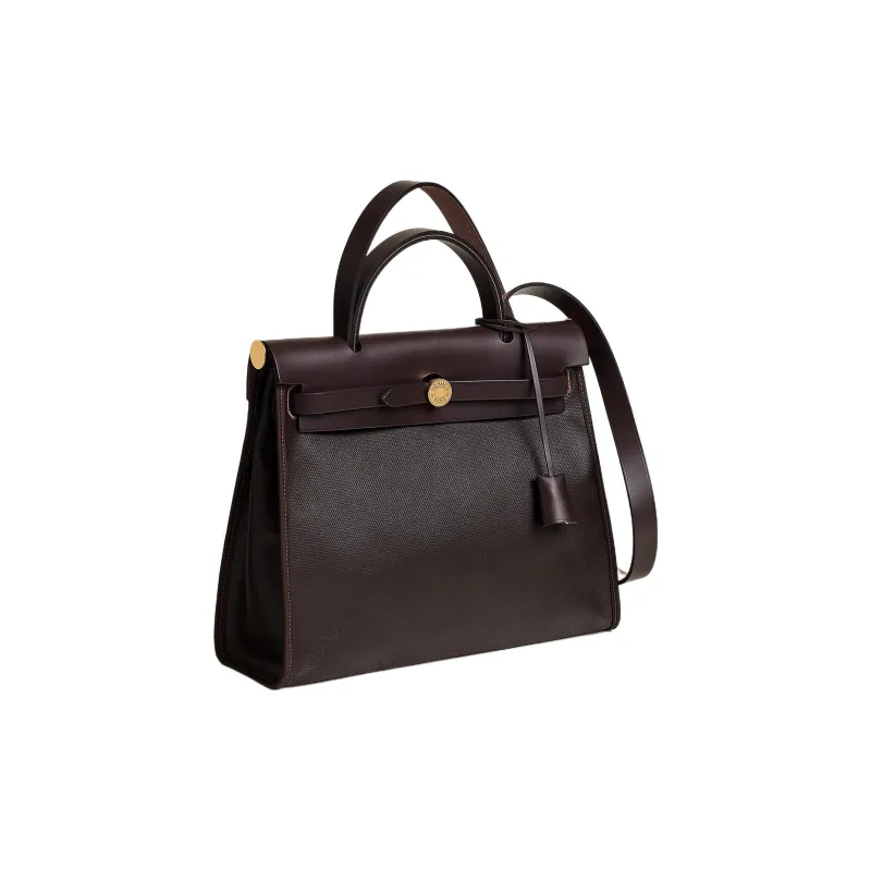 HERMES Herbag Zip Berline Canvas With Hunter Cow Leather Shoulder Bag Crossbody Bag Handbag Unisex Ebony-1