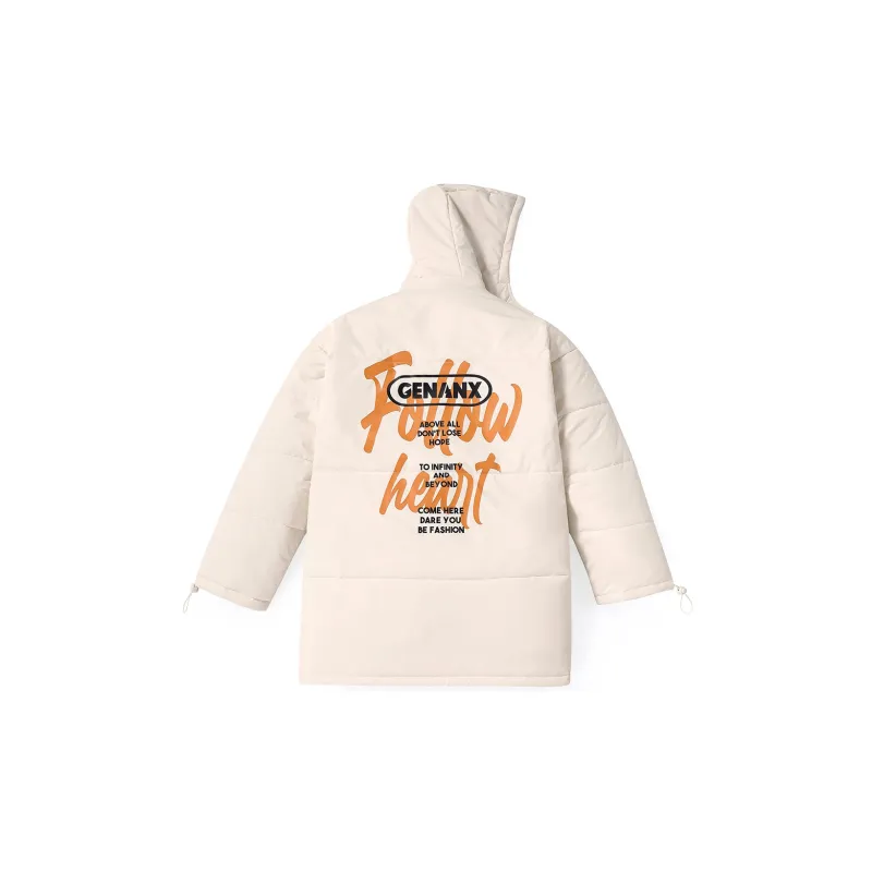 GENANX Letter Detachable Hood Loose Fit Mid Length Puffer Jacket Unisex-8