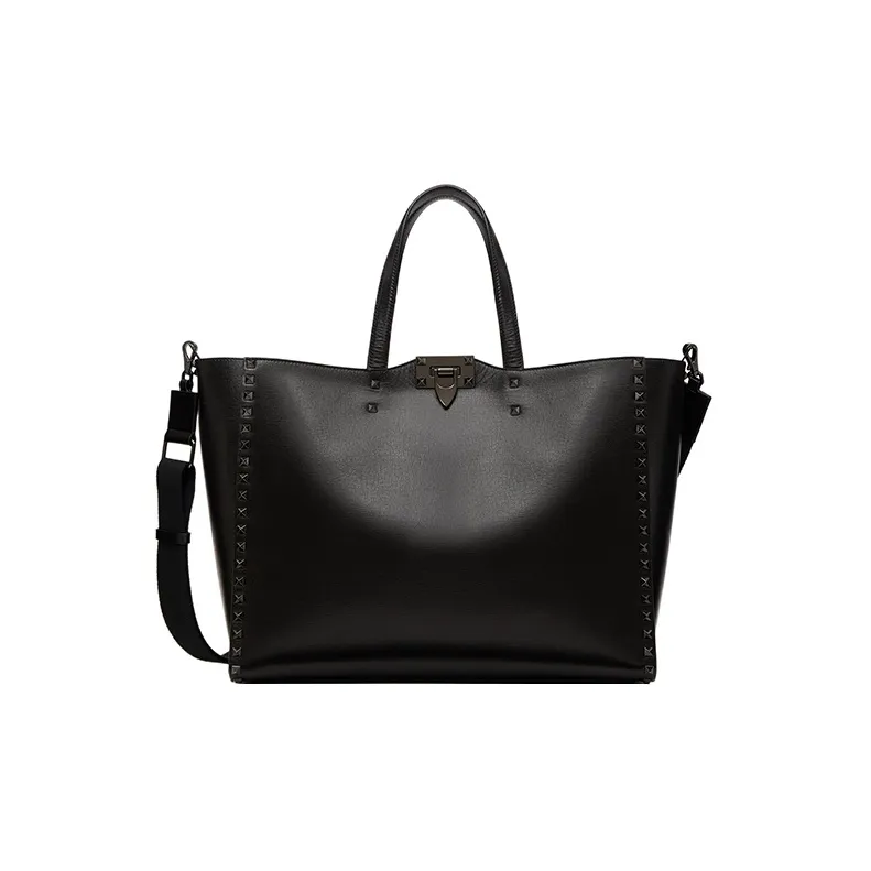 Valentino ROCKSTUD Grained Calfskin Tote Bag Shopping Bag Shoulder Bag Handbag Men's Black-0