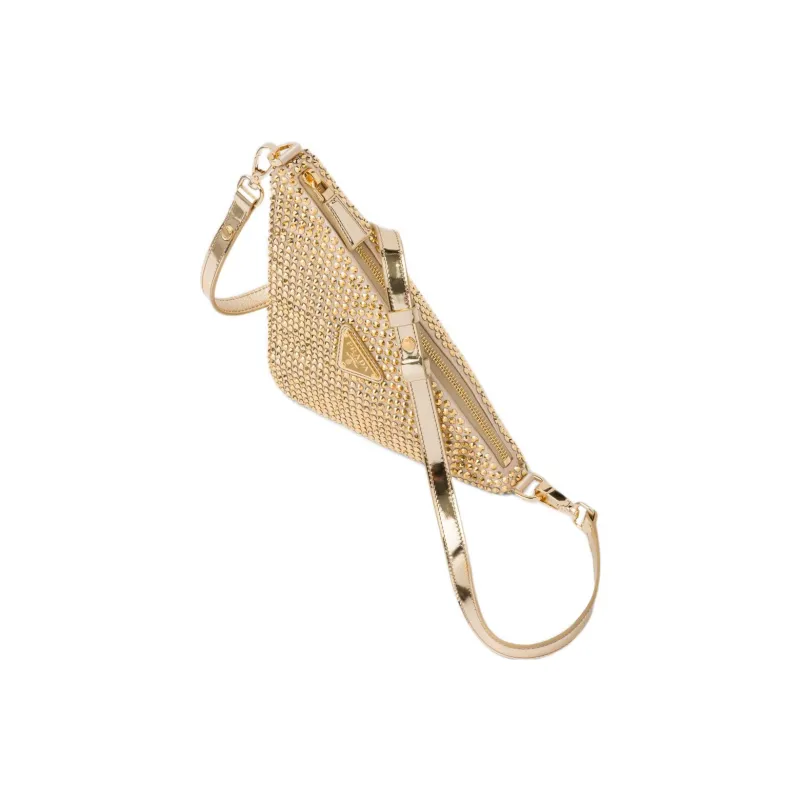 PRADA Triangle Faux Crystal Satin Fabric One Shoulder Handbags Mini Women's Gold-2