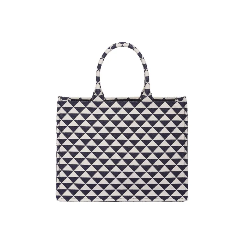 PRADA Symbol Fabric With Leather Tote Bag Shopping Bag Handbag Men's Blue/White-2