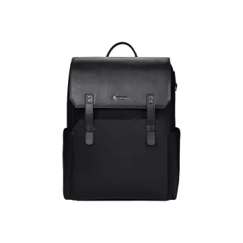 Hush Puppies Fabric With Top Grain Cow Leather Backpack Large Size Men's Black