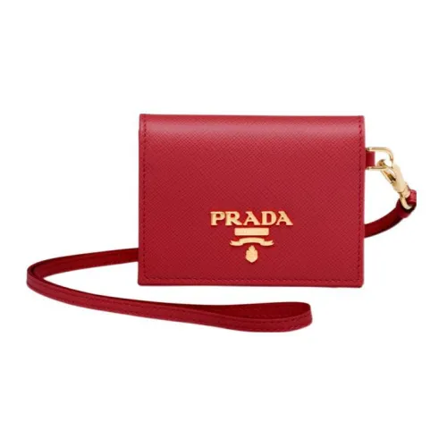 PRADA Saffiano Leather Lanyard Wallet Card Holder Women's Red