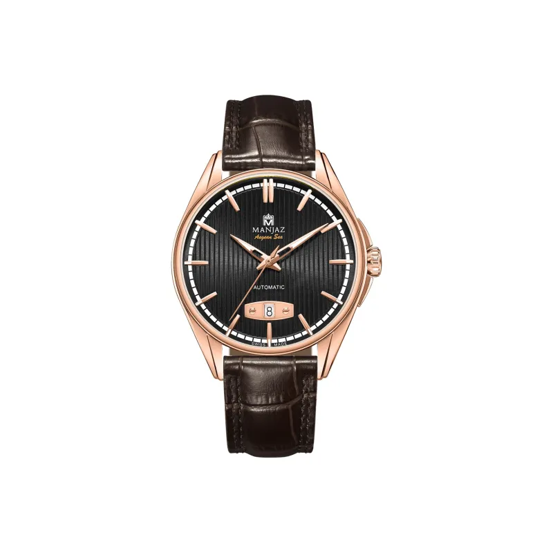 MANJAZ Automatic Mechanical Movement Leather Watch Bands Watch Men's Watches Black Dial-0