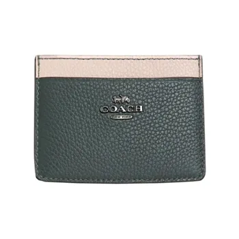 COACH Card Case Leather Card Clip Card Holder Mini Women's Green & Beige