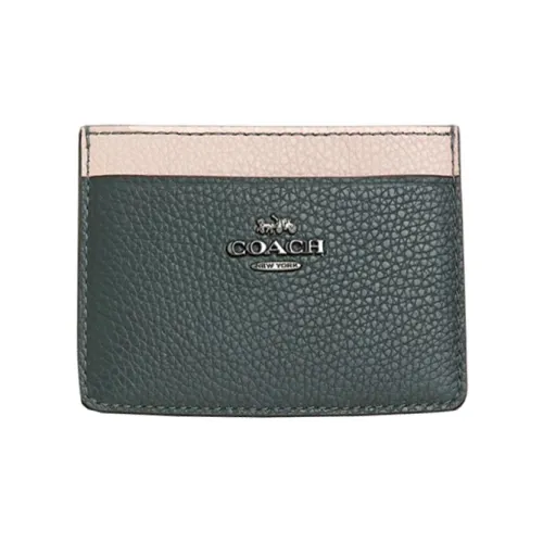 COACH Card Case Leather Card Clip Card Holder Mini Women's Green & Beige